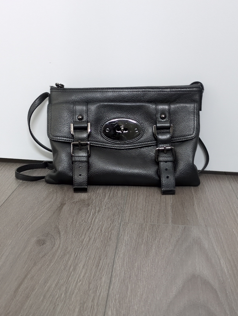 Danier Grey Leather Women's Crossbody Bag with Metal Turn-Lock And Buckle Detail